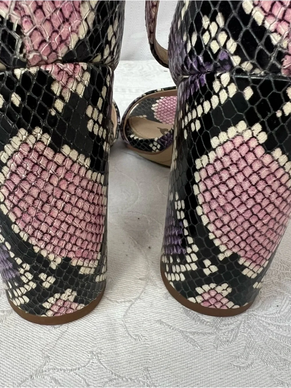 Sam Edelman Yaro Sandals Snakeskin 4” Block Heel Ankle Strap Black Pink Purple 7